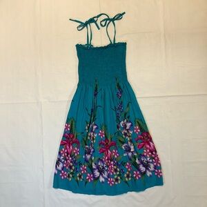 Hibiscus Collection Women’s Tie Shoulder Straps Floral Teal Smock Dress ONE SIZE